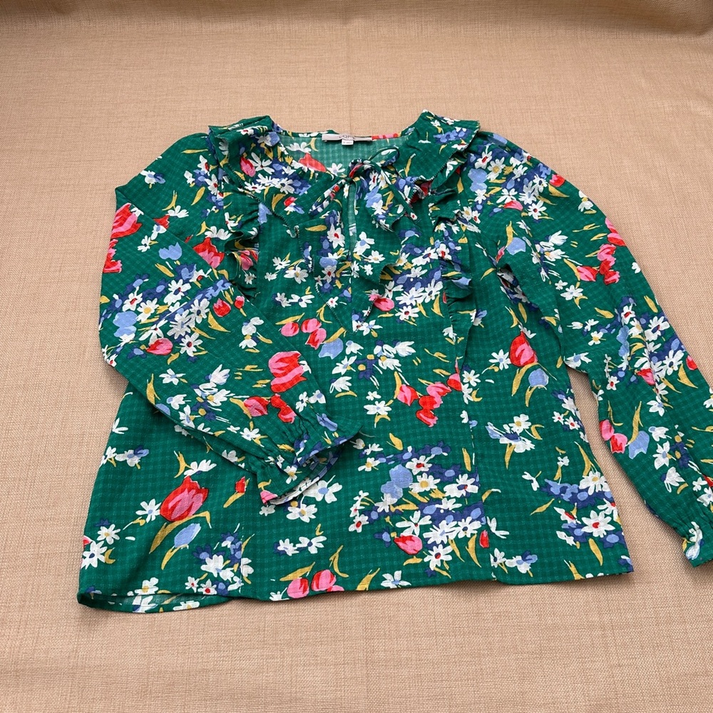 Loft Flutter Ruffle Long Sleeve Tie Neck Green Gingham Floral Blouse